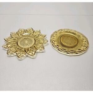 Vtg MidCentury Yellow Sungold Topaz Federal Glass Flower Petal & Round Plate Set